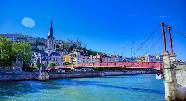 A view of Lyon, France along the Saone river in the afternoon.