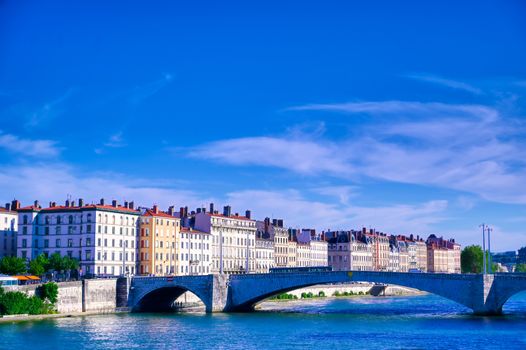 A view of Lyon, France along the Saone river in the afternoon.