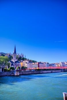 A view of Lyon, France along the Saone river in the afternoon.