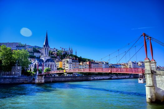 A view of Lyon, France along the Saone river in the afternoon.