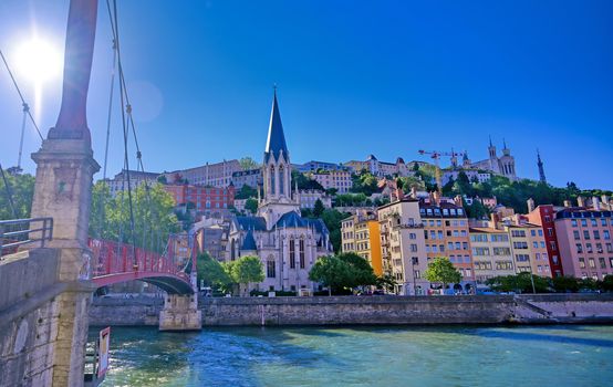 A view of Lyon, France along the Saone river in the afternoon.