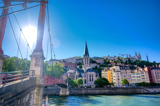 A view of Lyon, France along the Saone river in the afternoon.