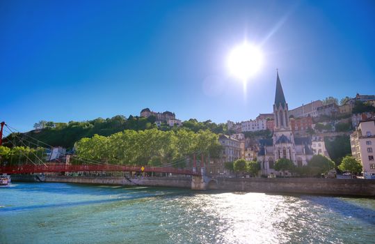 A view of Lyon, France along the Saone river in the afternoon.