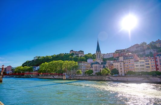 A view of Lyon, France along the Saone river in the afternoon.