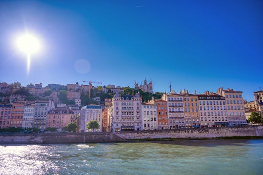 A view of Lyon, France along the Saone river in the afternoon.