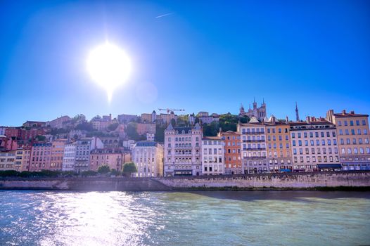 A view of Lyon, France along the Saone river in the afternoon.