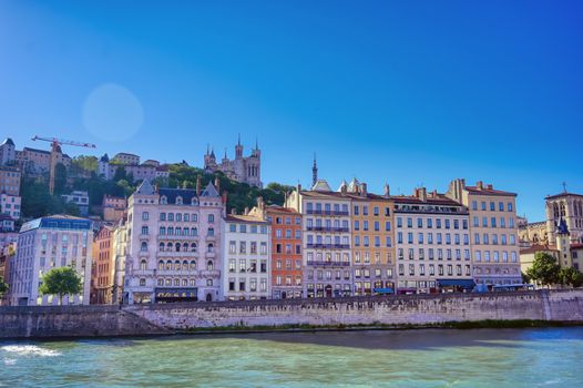 A view of Lyon, France along the Saone river in the afternoon.