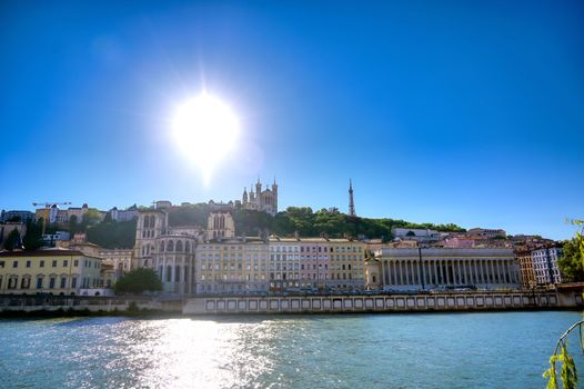 A view of Lyon, France along the Saone river in the afternoon.