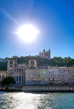 A view of Lyon, France along the Saone river in the afternoon.