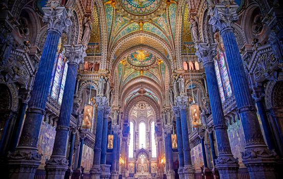 LYON, FRANCE -  JUNE 13, 2019 : The Basilica Notre Dame de Fourviere, built between 1872 and 1884, located in Lyon, France.