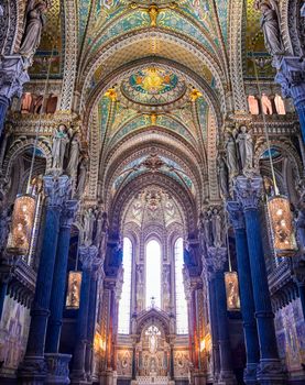 LYON, FRANCE -  JUNE 13, 2019 : The Basilica Notre Dame de Fourviere, built between 1872 and 1884, located in Lyon, France.