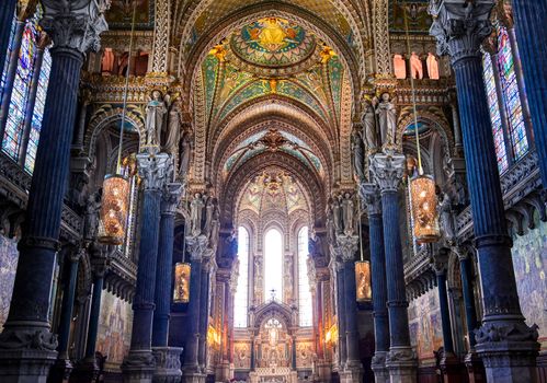 LYON, FRANCE -  JUNE 13, 2019 : The Basilica Notre Dame de Fourviere, built between 1872 and 1884, located in Lyon, France.