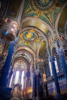 LYON, FRANCE -  JUNE 13, 2019 : The Basilica Notre Dame de Fourviere, built between 1872 and 1884, located in Lyon, France.