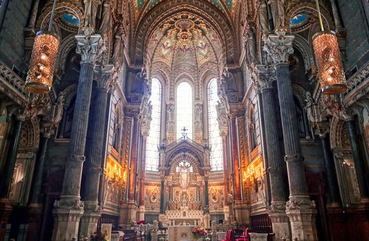 LYON, FRANCE -  JUNE 13, 2019 : The Basilica Notre Dame de Fourviere, built between 1872 and 1884, located in Lyon, France.