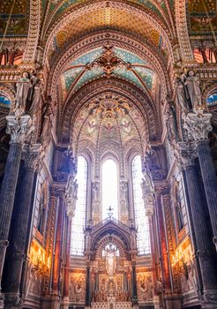 LYON, FRANCE -  JUNE 13, 2019 : The Basilica Notre Dame de Fourviere, built between 1872 and 1884, located in Lyon, France.