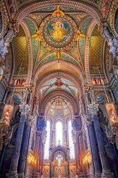 LYON, FRANCE -  JUNE 13, 2019 : The Basilica Notre Dame de Fourviere, built between 1872 and 1884, located in Lyon, France.