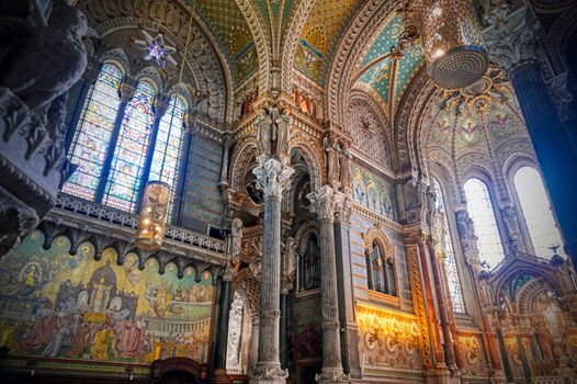 LYON, FRANCE -  JUNE 13, 2019 : The Basilica Notre Dame de Fourviere, built between 1872 and 1884, located in Lyon, France.