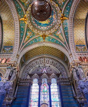 LYON, FRANCE -  JUNE 13, 2019 : The Basilica Notre Dame de Fourviere, built between 1872 and 1884, located in Lyon, France.