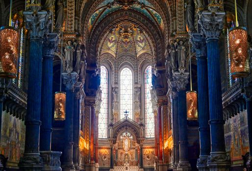 LYON, FRANCE -  JUNE 13, 2019 : The Basilica Notre Dame de Fourviere, built between 1872 and 1884, located in Lyon, France.