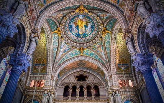 LYON, FRANCE -  JUNE 13, 2019 : The Basilica Notre Dame de Fourviere, built between 1872 and 1884, located in Lyon, France.
