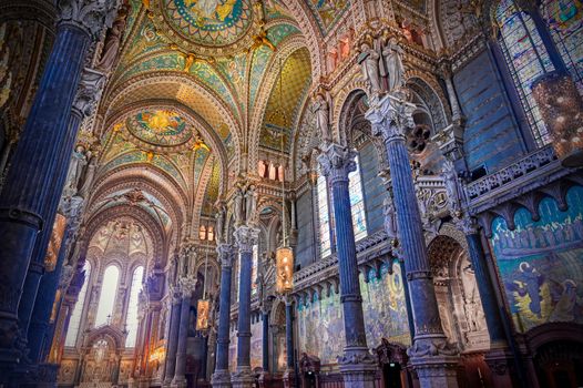 LYON, FRANCE -  JUNE 13, 2019 : The Basilica Notre Dame de Fourviere, built between 1872 and 1884, located in Lyon, France.