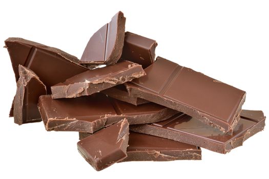 Cubes of chocolate isolated on a white background.