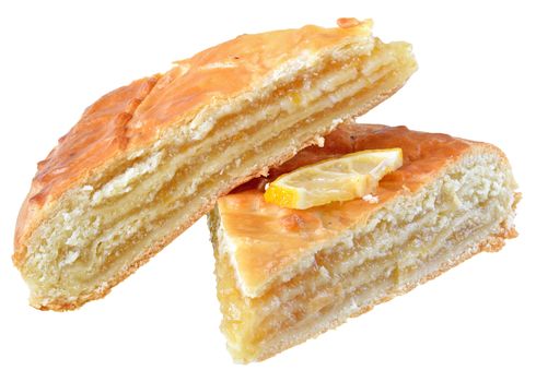 Citrus puff pie with lemon filling isolated on a white background.