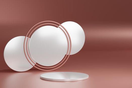 Blank pedestal with round white and pink gold ring on background, 3d rendering mockup