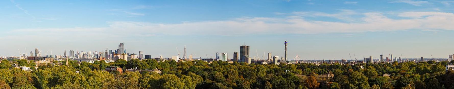 Wide panoramic view of London skyline seen from Primrose Hill, high resolution