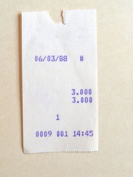 Vintage shop customer receipt printed with dot matrix printer