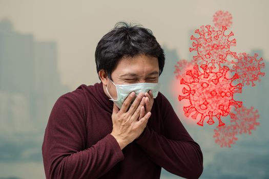 Banner of Asian man wearing the face mask against air pollution and Corona virus over the heavy PM 2.5 on bangkok cityscape background, healthcare and epidemic concept