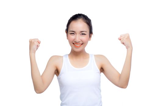 Woman showing her arm as a gesture for strength isolated over white background