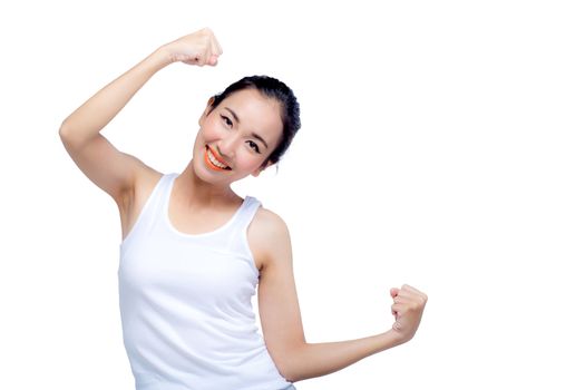 Woman showing her arm as a gesture for strength isolated over white background