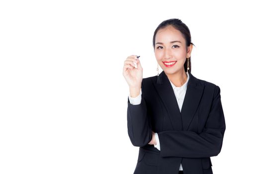 business woman writing on whiteboard with white copyspace