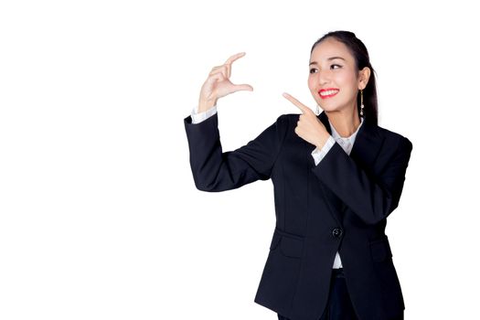 beautiful young asia businesswoman with gesture pointing something