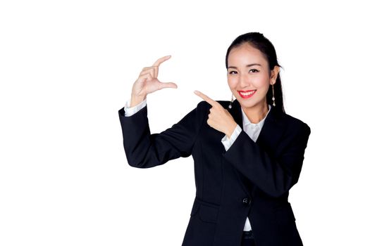 beautiful young asia businesswoman with gesture pointing something