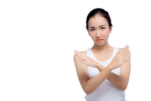 Asian woman showing denial with NO on her hand with blank copy space,Portrait of beautiful, Thai girl, Negative human emotion expression, isolated on white background