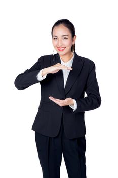 Business young girl show the gestures  with hand isolated on a white background