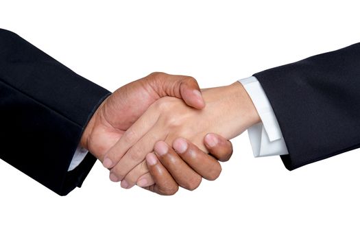 Hand shake between a businessman and a businesswoman isolated on white background