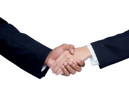 Hand shake between a businessman and a businesswoman isolated on white background