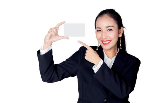 Beautiful woman hold blank business card isolated on white background