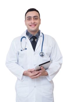 Doctor holding a tablet computer while using it isolated on white background