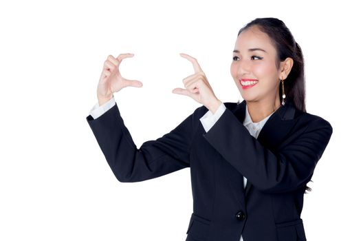 beautiful young asia businesswoman with gesture pointing something