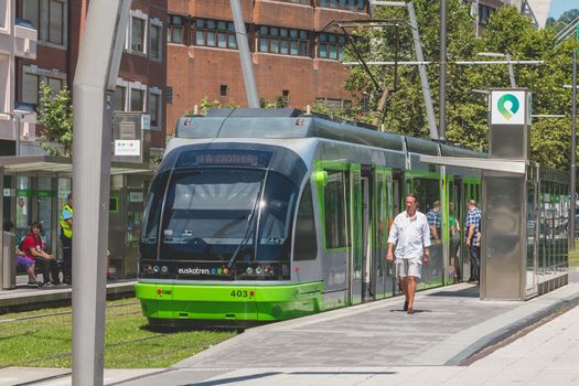 Bilbao, Spain - July 19, 2016 : Tramway of the company "EuskoTran" arrested in a station in the city of Bilbao, Spain