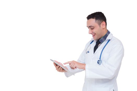 Doctor holding a tablet computer while using it isolated on white background