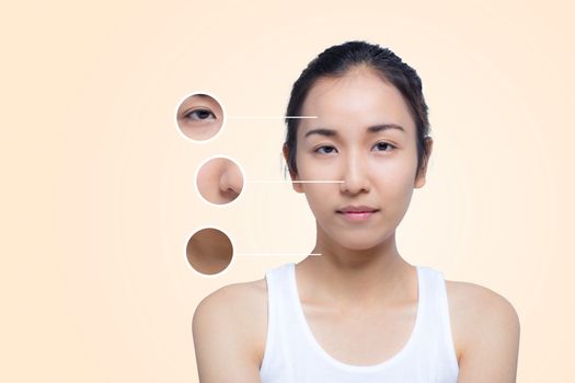 skincare and health concept - beautiful young woman face with wrinkles over circles for advertising