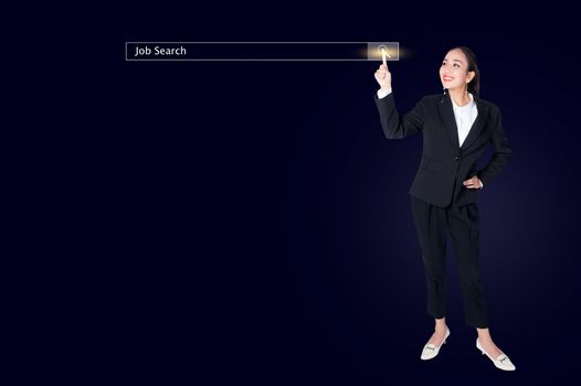 businesswoman clicking internet search page on computer touch screen