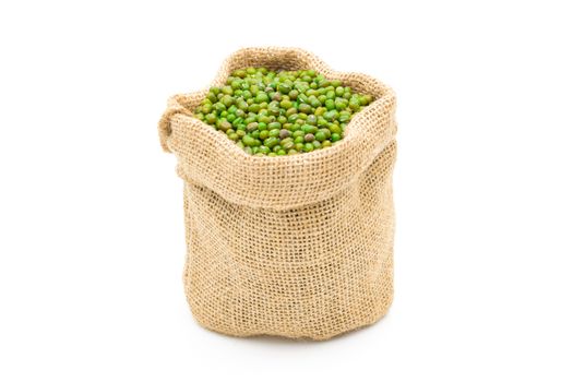 Grains Mung bean in a sack on a white background