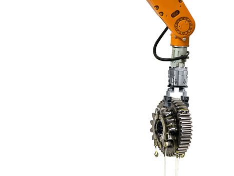 Robot arm industrial production technology and gears white background