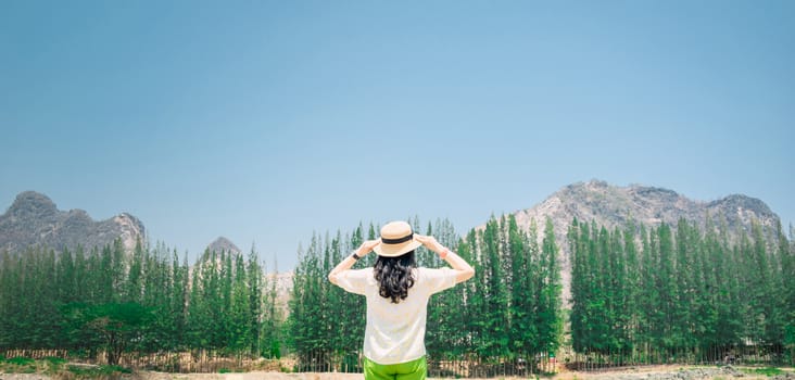 A woman stands to see the view of the trees and mountains on a holiday
